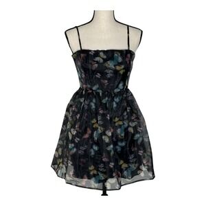 Lulus Womens Black Butterfly Print Organza Square Neck‎ Skater Mini Dress M